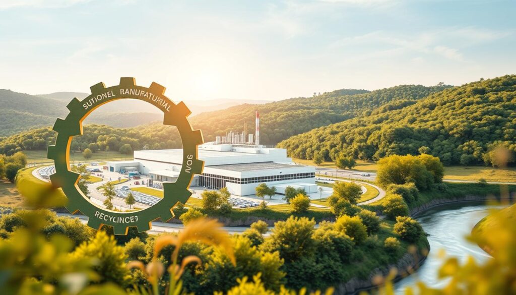 A circular economy concept, showcasing a sustainable manufacturing process. In the foreground, a closed-loop cycle of raw materials, production, and recycling, represented by interlocking gears and flowing arrows. In the middle ground, an automated factory with clean, minimalist architecture and solar panels on the roof, symbolizing green energy. In the background, a lush, verdant landscape with a river, hinting at the integration of natural systems. The scene is illuminated by warm, diffused lighting, creating a hopeful, futuristic atmosphere. Emphasis on materials, efficiency, and environmental harmony, encapsulating the holistic approach of a circular economy.