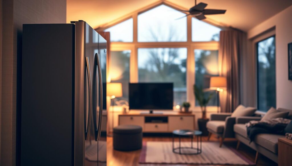 A cozy, well-lit domestic interior showcasing energy-saving electrical appliances and devices. In the foreground, a sleek, modern refrigerator hums quietly, its digital display indicating optimal energy efficiency. In the middle ground, a flat-screen TV and a high-tech smart home control panel blend seamlessly into the minimalist decor. The background features large windows, allowing natural daylight to fill the room and reduce the need for artificial lighting. Warm, soft lighting from strategically placed lamps creates a welcoming ambiance. The overall scene conveys a sense of environmental consciousness and practical solutions for reducing household energy consumption. A cozy, well-lit domestic interior showcasing energy-saving electrical appliances and devices. In the foreground, a sleek, modern refrigerator hums quietly, its digital display indicating optimal energy efficiency. In the middle ground, a flat-screen TV and a high-tech smart home control panel blend seamlessly into the minimalist decor. The background features large windows, allowing natural daylight to fill the room and reduce the need for artificial lighting. Warm, soft lighting from strategically placed lamps creates a welcoming ambiance. The overall scene conveys a sense of environmental consciousness and practical solutions for reducing household energy consumption.