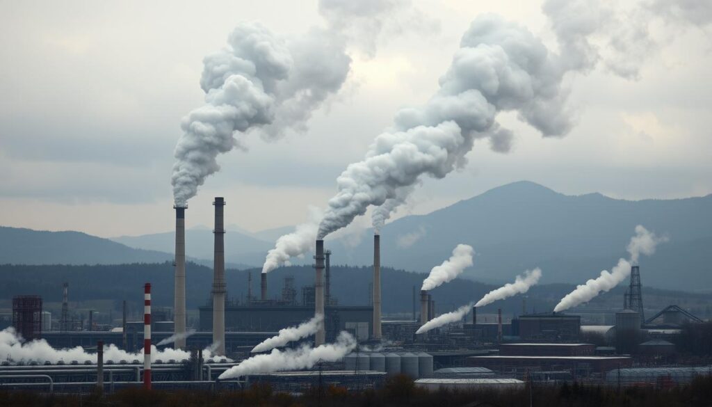 A high-resolution, photorealistic image of an industrial factory landscape with a focus on emissions. The scene depicts towering smokestacks billowing thick, gray smoke against a cloudy, overcast sky. In the foreground, a network of pipes and chimneys emits plumes of steam and vapors. The middle ground features a sprawling complex of factory buildings, silos, and storage tanks, all bathed in a hazy, atmospheric lighting that conveys a sense of industrial activity. The background showcases a hilly, forested terrain, suggesting the environmental impact of the manufacturing processes. The overall composition emphasizes the scale and complexity of industrial emissions, inviting the viewer to contemplate ways to understand and reduce their impact. A high-resolution, photorealistic image of an industrial factory landscape with a focus on emissions. The scene depicts towering smokestacks billowing thick, gray smoke against a cloudy, overcast sky. In the foreground, a network of pipes and chimneys emits plumes of steam and vapors. The middle ground features a sprawling complex of factory buildings, silos, and storage tanks, all bathed in a hazy, atmospheric lighting that conveys a sense of industrial activity. The background showcases a hilly, forested terrain, suggesting the environmental impact of the manufacturing processes. The overall composition emphasizes the scale and complexity of industrial emissions, inviting the viewer to contemplate ways to understand and reduce their impact.
