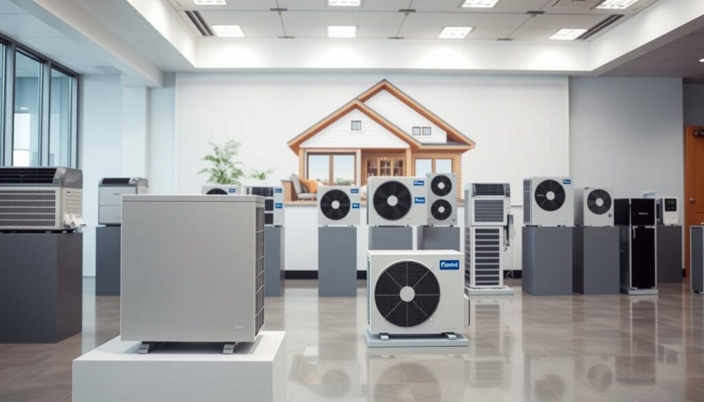 A modern, well-lit showroom featuring various heat pump models displayed on sleek pedestals. In the foreground, a minimalist heat pump unit with clean lines and a metallic finish. The middle ground showcases a range of heat pump types, including air-source, ground-source, and hybrid models, each labeled with technical specifications. The background depicts an architectural rendering of a cozy, energy-efficient home, highlighting the integration of heat pump systems. The scene conveys a sense of informed decision-making, with the heat pumps presented as high-performance, eco-friendly heating and cooling solutions for the modern home. A modern, well-lit showroom featuring various heat pump models displayed on sleek pedestals. In the foreground, a minimalist heat pump unit with clean lines and a metallic finish. The middle ground showcases a range of heat pump types, including air-source, ground-source, and hybrid models, each labeled with technical specifications. The background depicts an architectural rendering of a cozy, energy-efficient home, highlighting the integration of heat pump systems. The scene conveys a sense of informed decision-making, with the heat pumps presented as high-performance, eco-friendly heating and cooling solutions for the modern home.
