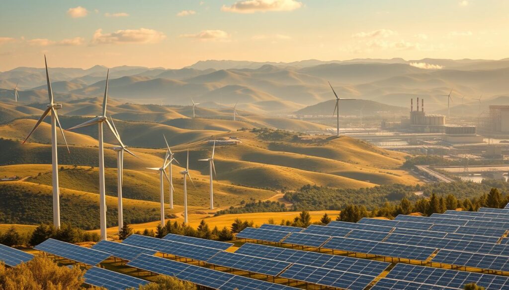 A sprawling, dynamic landscape depicting the diverse array of renewable energy sources powering the modern electric grid. In the foreground, towering wind turbines with gracefully spinning blades stand tall against a backdrop of lush rolling hills. Scattered across the middle ground, clusters of gleaming solar panels bask in the warm sunlight, their surfaces shimmering with a sense of boundless potential. In the distance, the majestic silhouettes of hydroelectric dams and biomass power plants emerge, their presence symbolizing the wide-ranging solutions that comprise the renewable energy ecosystem. The scene is bathed in a soft, golden glow, conveying a sense of harmony and progress as these clean, sustainable technologies work in concert to meet the world's growing energy demands. A sprawling, dynamic landscape depicting the diverse array of renewable energy sources powering the modern electric grid. In the foreground, towering wind turbines with gracefully spinning blades stand tall against a backdrop of lush rolling hills. Scattered across the middle ground, clusters of gleaming solar panels bask in the warm sunlight, their surfaces shimmering with a sense of boundless potential. In the distance, the majestic silhouettes of hydroelectric dams and biomass power plants emerge, their presence symbolizing the wide-ranging solutions that comprise the renewable energy ecosystem. The scene is bathed in a soft, golden glow, conveying a sense of harmony and progress as these clean, sustainable technologies work in concert to meet the world's growing energy demands.
