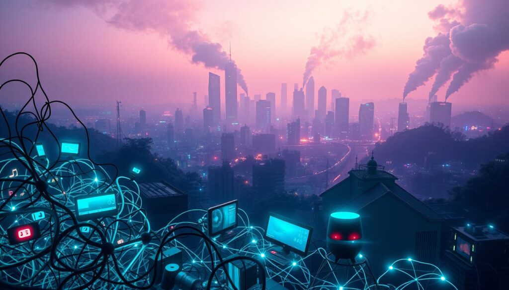 A vibrant, digital landscape depicting the "rebound effect" of digitalization. In the foreground, a tangled web of interconnected devices and technologies, representing the complex network of digital systems. The middle ground showcases various modern conveniences, such as smart home appliances and digital assistants, but these are cast in an ominous light, hinting at the potential environmental costs. In the background, a hazy, dystopian cityscape emerges, with towering skyscrapers and billowing smoke, symbolizing the unintended consequences of unchecked technological progress. The scene is bathed in a cool, neon-tinged lighting, creating a sense of unease and the need for a more sustainable approach to digitalization. Overall, the image conveys the delicate balance between the benefits and drawbacks of digital technologies, inviting the viewer to consider the importance of mitigating rebound effects.