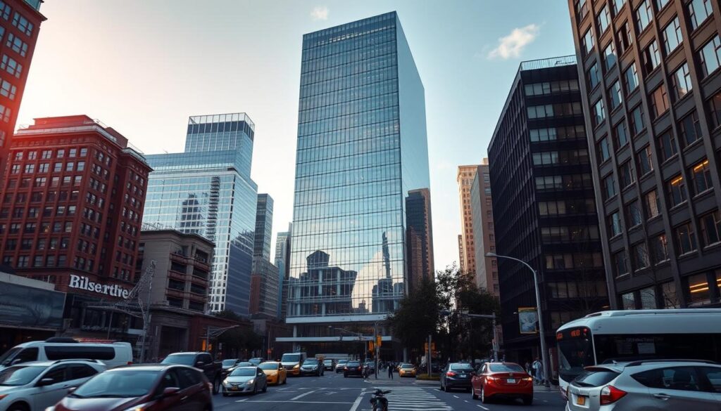 Prompt A large, modern office building in a bustling city skyline, with a minimalist glass and steel facade reflecting the vibrant urban environment. The building stands tall, representing the corporate and governmental institutions that shape policies and regulations towards climate-conscious architecture. Crisp, directional lighting illuminates the structure, casting sharp shadows and highlighting its clean, geometric design. In the foreground, a busy street scene with pedestrians and vehicles, symbolizing the interplay between urban development and sustainability initiatives. The overall atmosphere conveys a sense of progress, innovation, and the collective effort to address building-related emissions and achieve climate goals. Prompt A large, modern office building in a bustling city skyline, with a minimalist glass and steel facade reflecting the vibrant urban environment. The building stands tall, representing the corporate and governmental institutions that shape policies and regulations towards climate-conscious architecture. Crisp, directional lighting illuminates the structure, casting sharp shadows and highlighting its clean, geometric design. In the foreground, a busy street scene with pedestrians and vehicles, symbolizing the interplay between urban development and sustainability initiatives. The overall atmosphere conveys a sense of progress, innovation, and the collective effort to address building-related emissions and achieve climate goals.