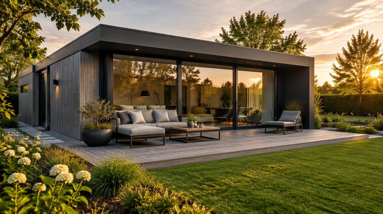 Moderne Gartenhäuser: Design, Materialien und rechtliche Vorgaben im Überblick 1 Modernes Gartenhaus mit Flachdach, großer Glasfront und Holzterrasse im Garten