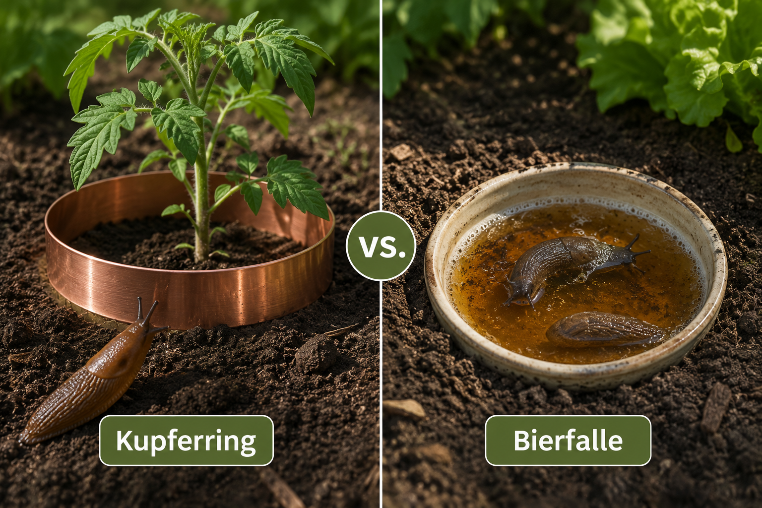 Detailed () split-scene comparison image: on the left, a polished copper Schneckenkragen ring encircling a young tomato