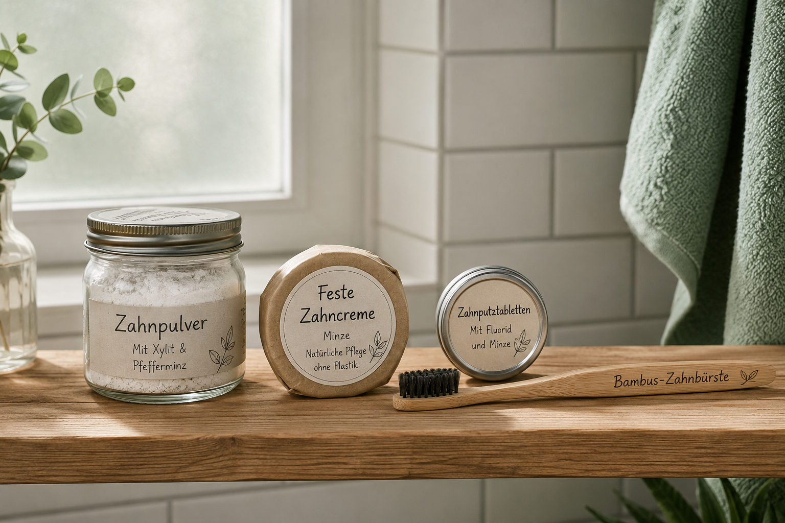 () editorial comparison scene: a wooden bathroom shelf displaying four different plastikfreie Zahnpflege products side by