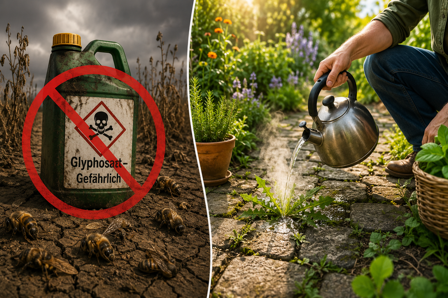 () editorial illustration showing a split-scene comparison: left side depicts a red warning symbol over a chemical herbicide