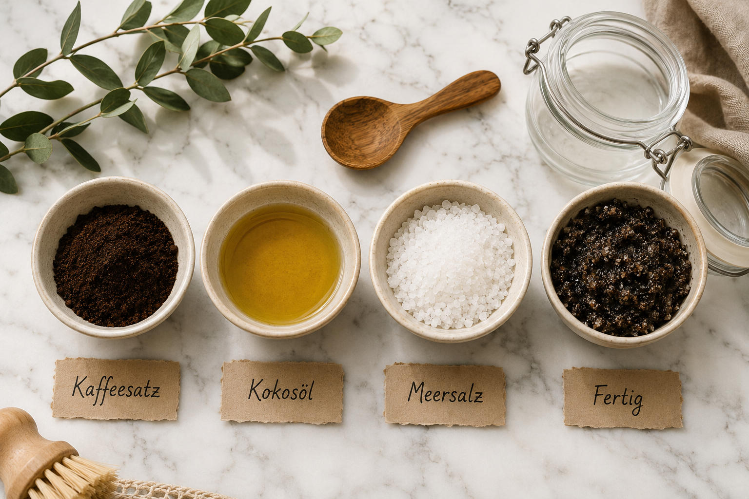 () step-by-step flat lay image on a white marble surface showing four small bowls arranged in a row: one with dark coffee