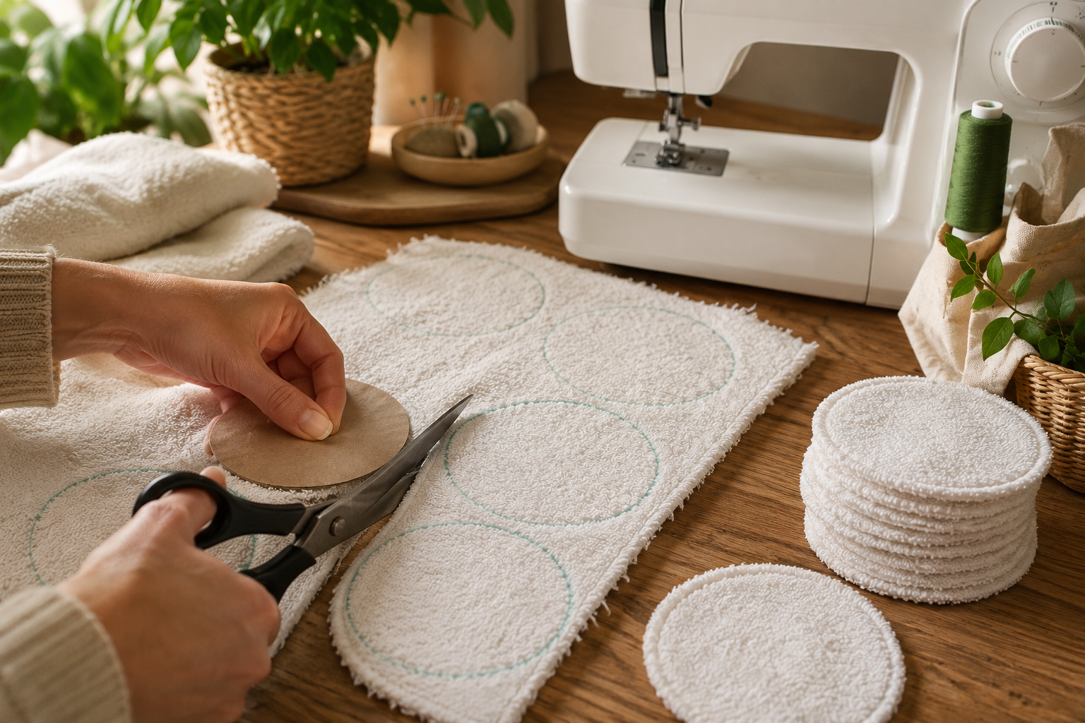 () step-by-step craft scene showing hands cutting round circles from an old white terry cloth towel using a round template,