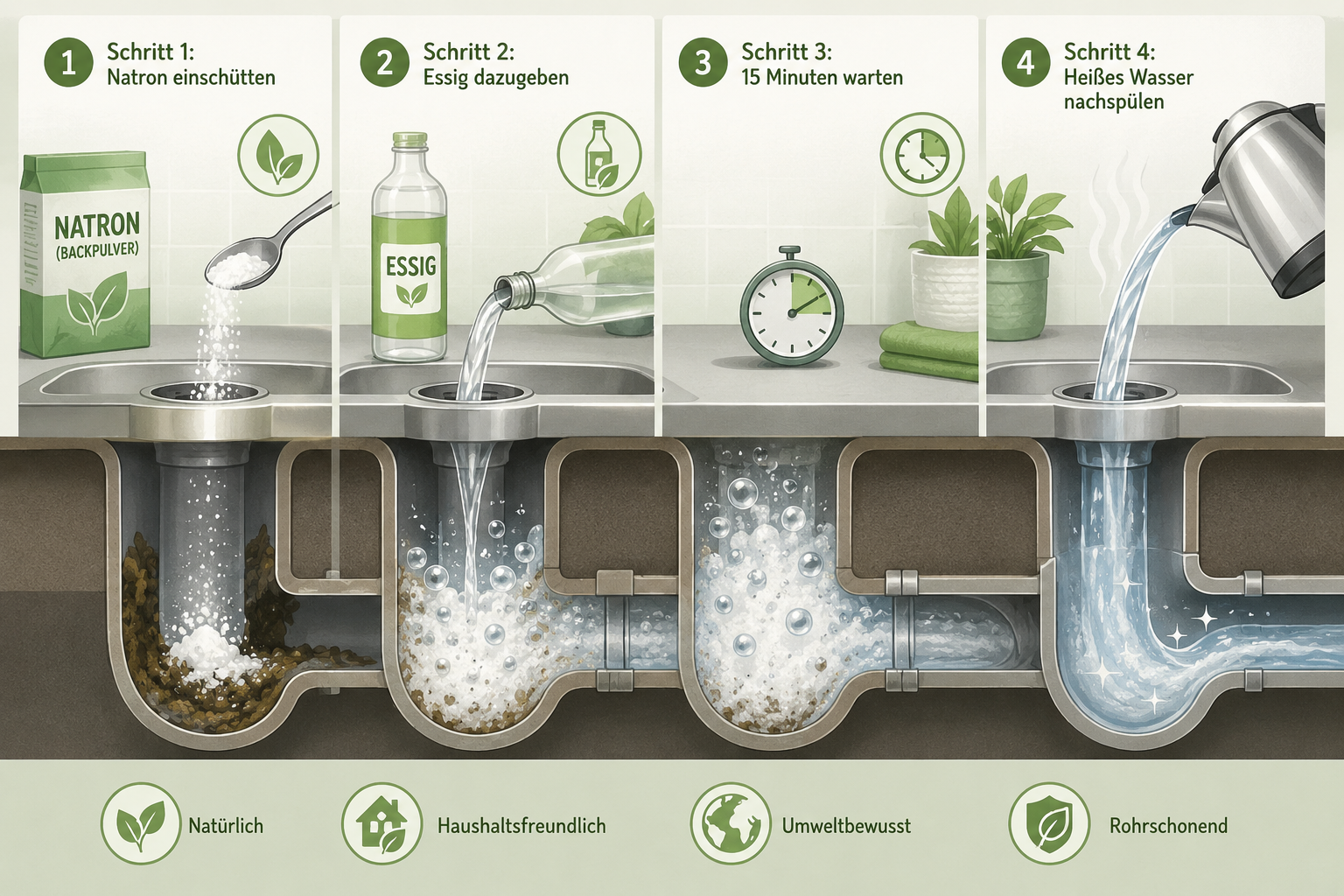 Ökologischer Abflussreiniger: Natron und Essig bei verstopften Rohren richtig anwenden 1 Detailed () step-by-step visual infographic illustration showing a cross-section of a household drain pipe with animated