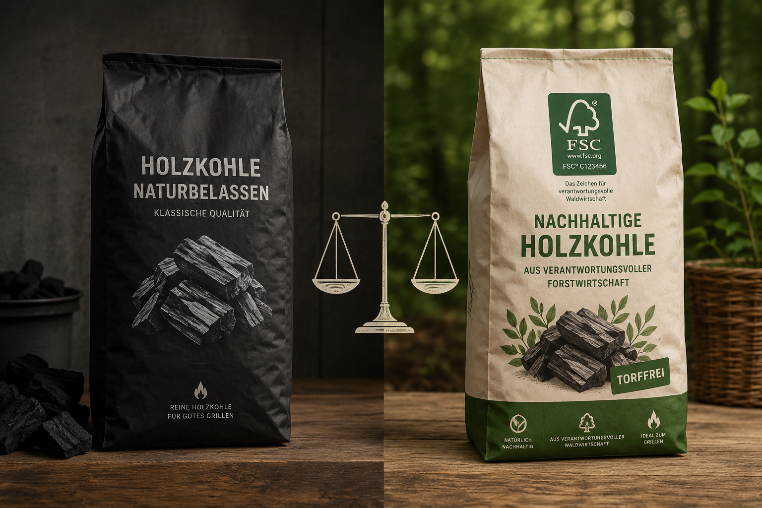 Nachhaltige Grillkohle: Worauf du beim Kauf von FSC- und torffreier Kohle achten musst 1 () editorial comparison image showing two side-by-side sections: left side displays conventional charcoal packaging with