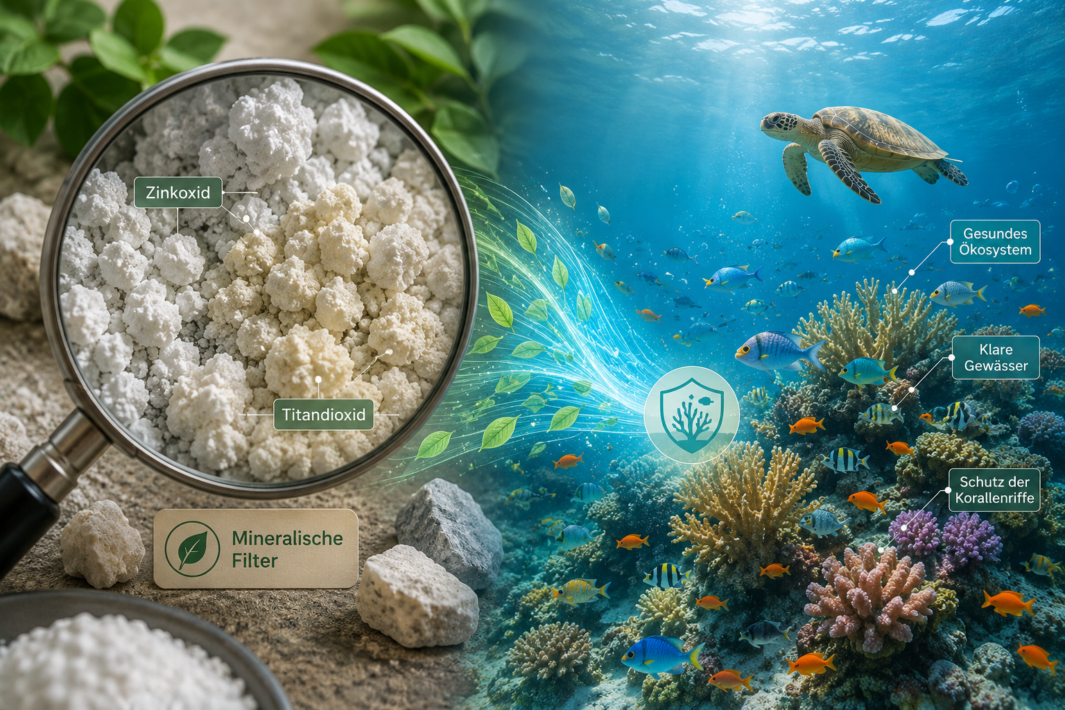 Ökologischer Sonnenschutz: Mineralische Sonnencreme ohne Mikroplastik richtig auftragen 1 () editorial illustration showing a split-scene comparison: on the left, a close-up of zinc oxide and titanium dioxide