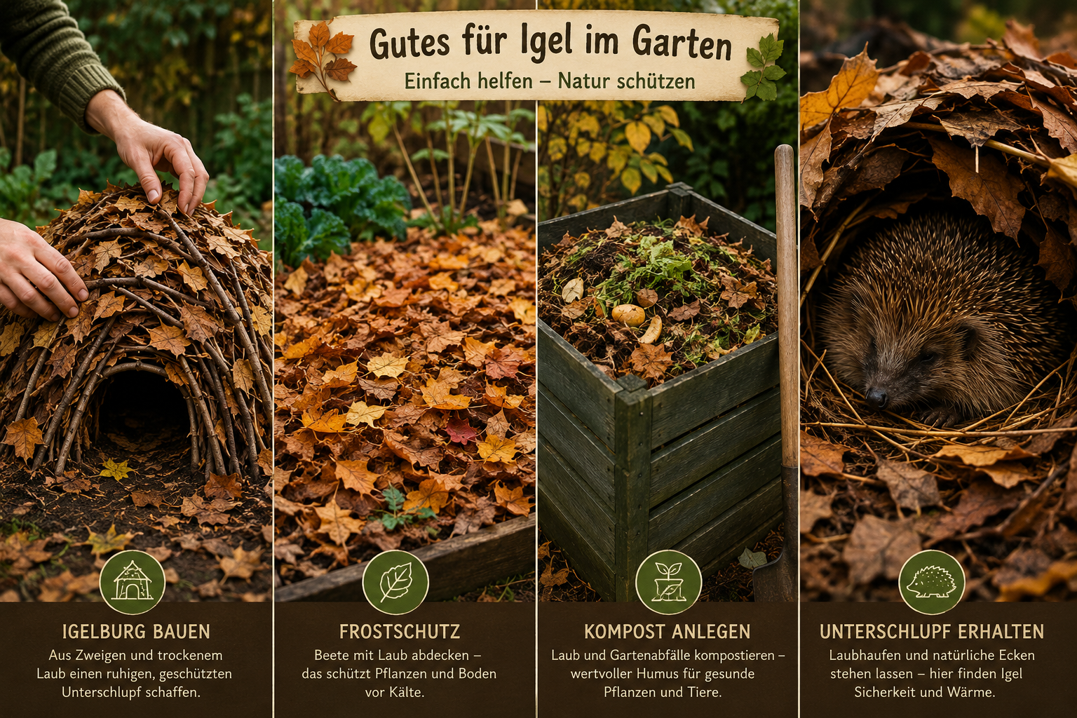 Laub im Garten sinnvoll nutzen: Igelburg bauen und Frostschutz für Beete 1 () detailed instructional scene showing four distinct garden activities side by side: (1) hands carefully stacking dry