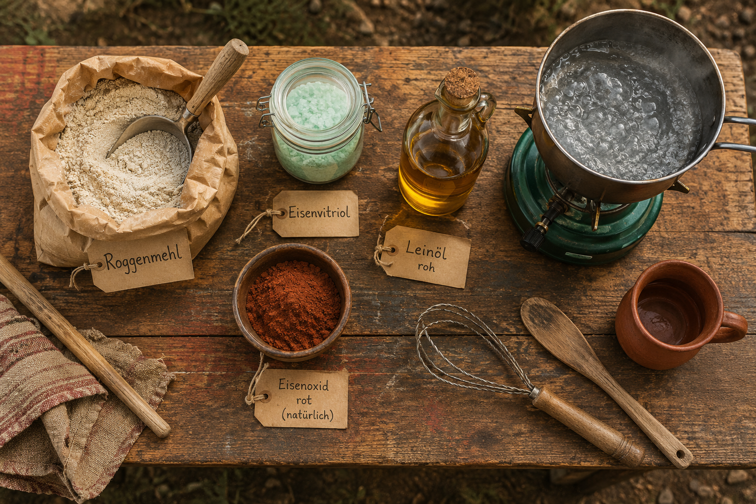 Detailed () image showing a rustic wooden workbench outdoors with all ingredients for homemade Schwedenfarbe laid out: a bag