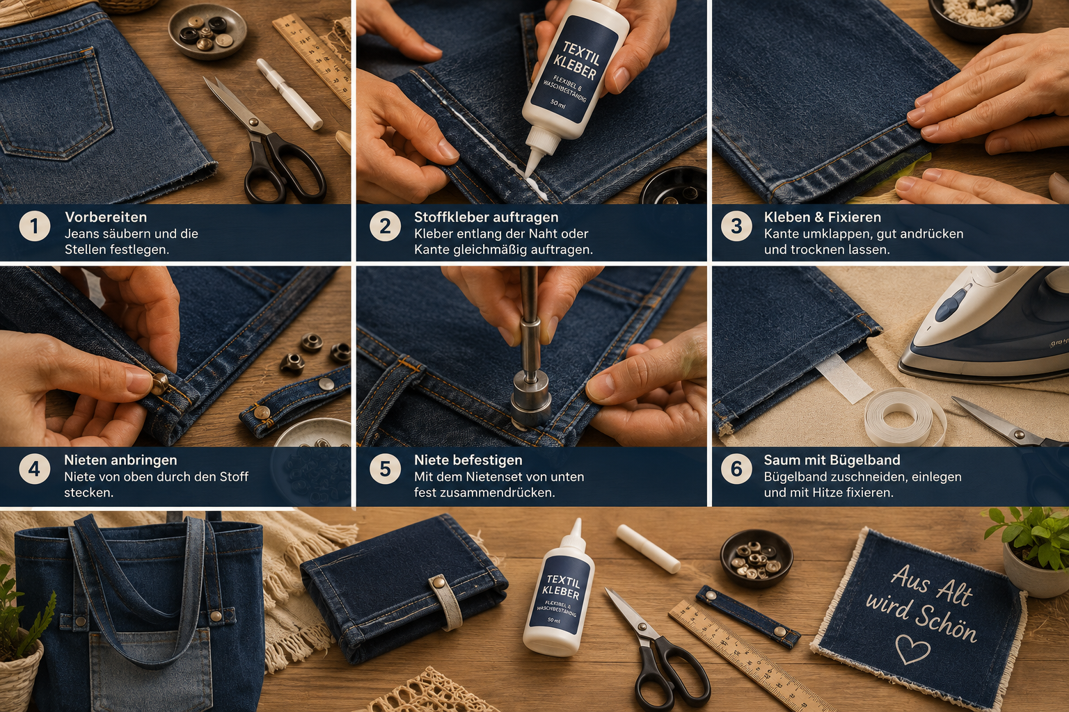 Jeans-Upcycling: Robuste Einkaufstaschen ohne Nähmaschine basteln 1 () step-by-step crafting scene showing hands working on a denim jeans upcycling project without a sewing machine: fabric