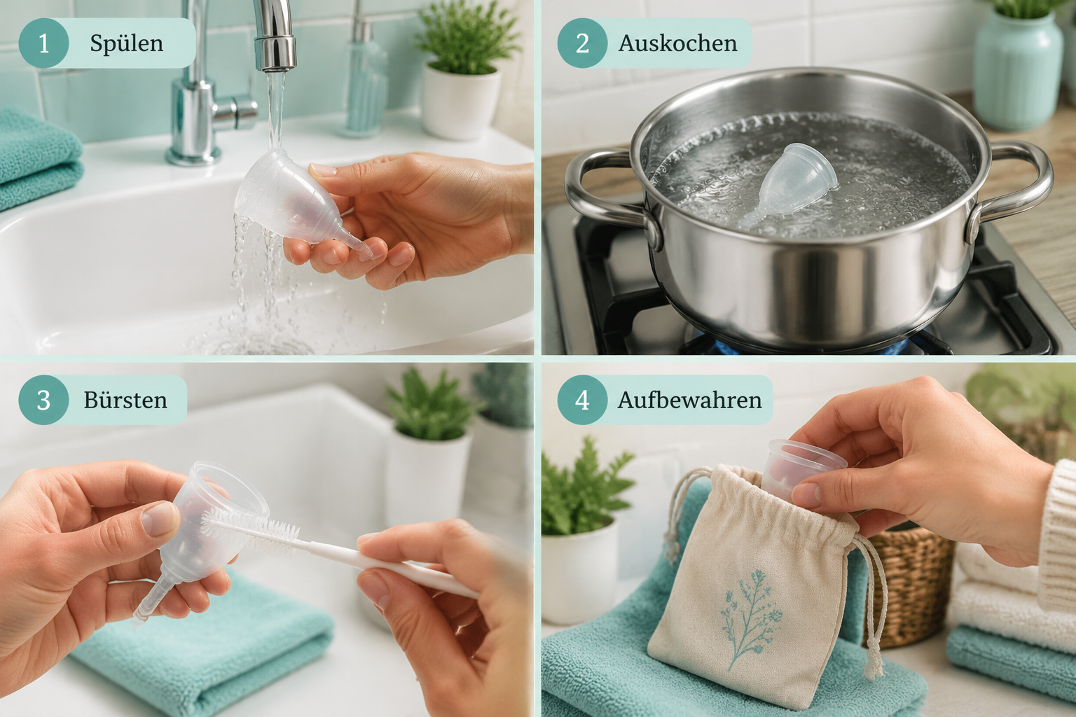 Nachhaltige Monatshygiene: Menstruationstasse reinigen und unterwegs sterilisieren 1 () step-by-step visual guide showing four panels: a menstrual cup being rinsed under running water, submerged in a pot of