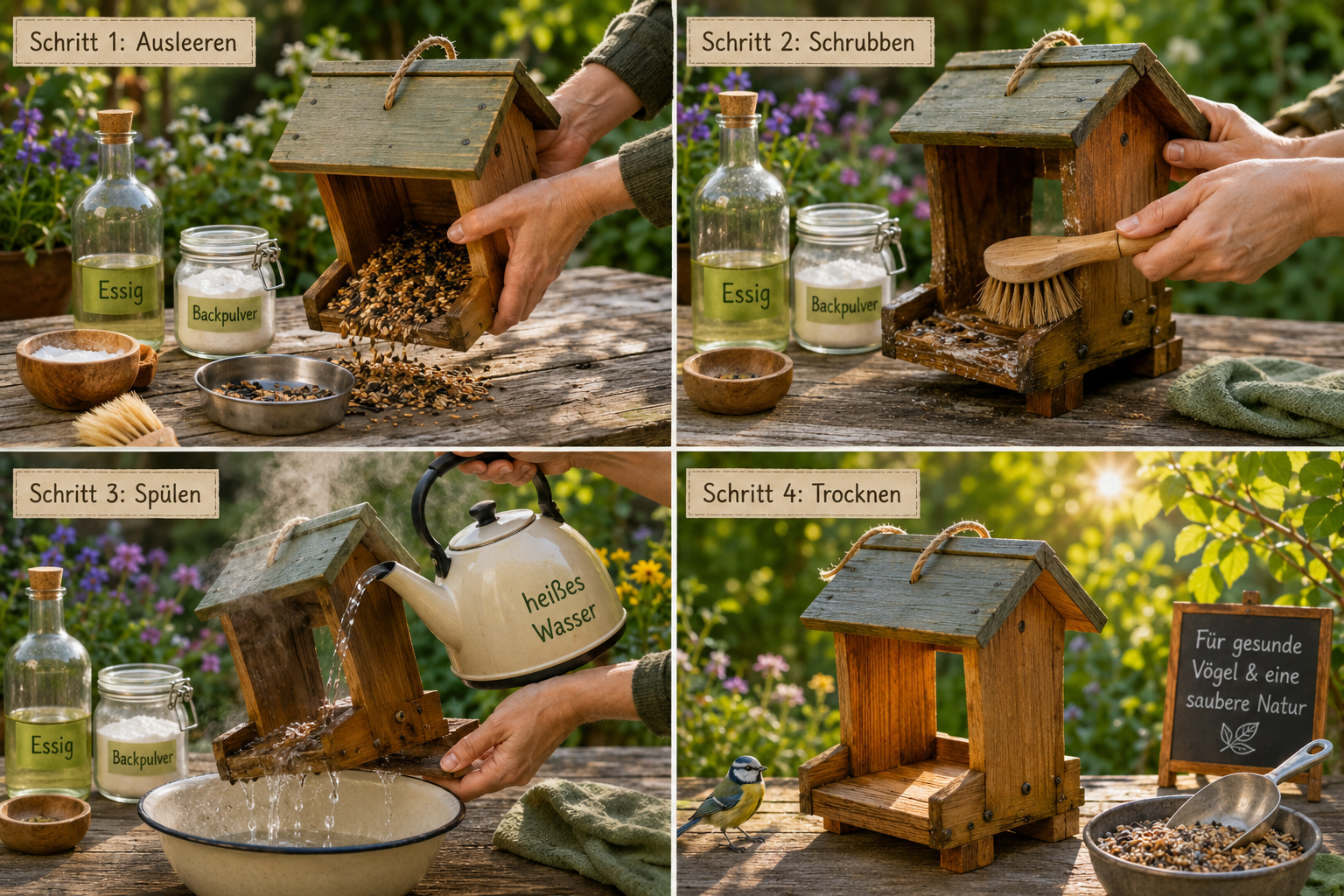 Vogelfutterhäuschen reinigen ohne chemische Desinfektionsmittel 1 () detailed step-by-step cleaning scene showing four distinct stages of Vogelfutterhäuschen reinigen: a wooden bird feeder