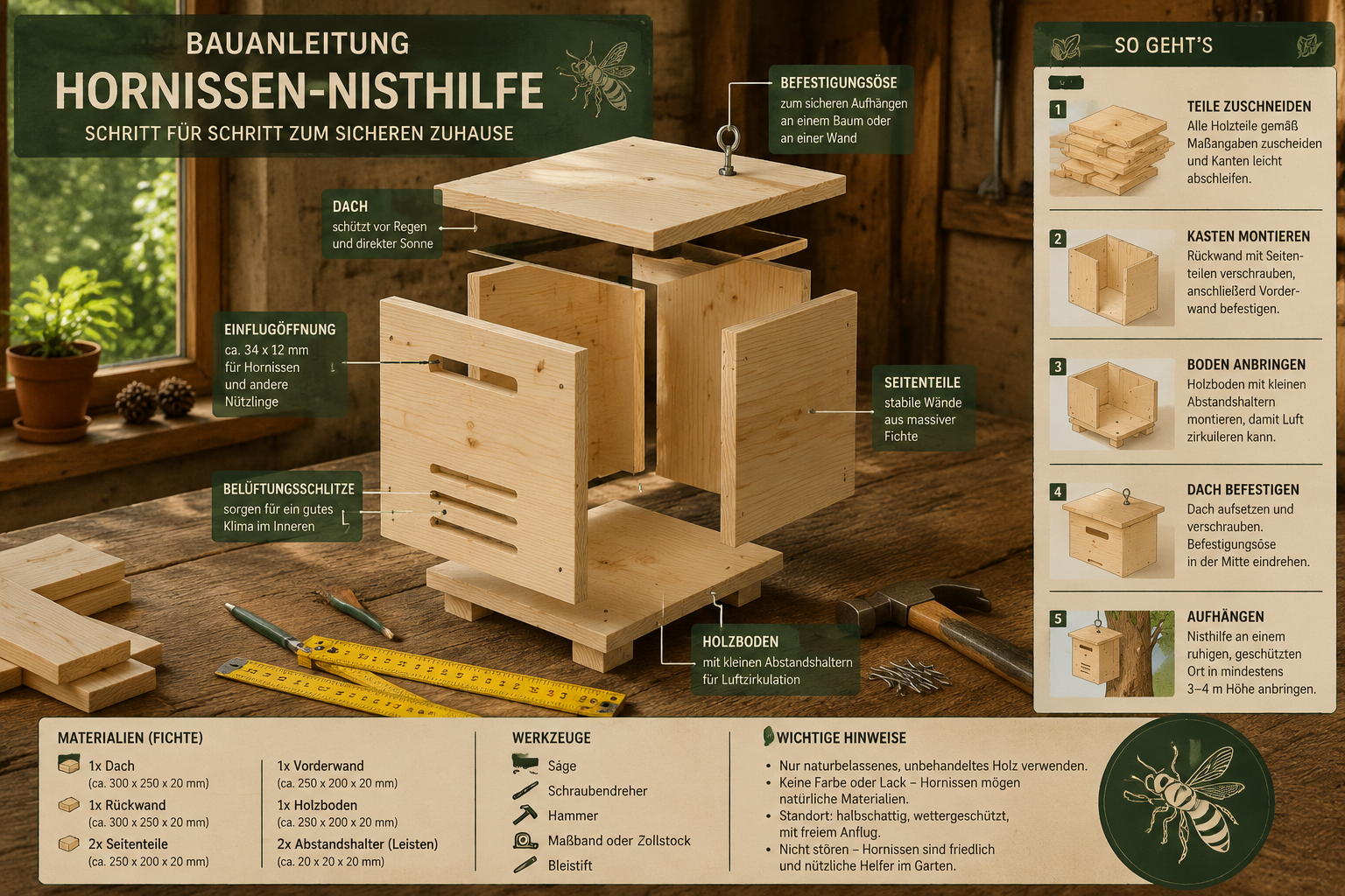 Hornissen-Nisthilfe bauen: Bauanleitung und der richtige Standort im Garten 1 Detailed () instructional illustration showing a step-by-step Bauanleitung (construction guide) for a Hornissen-Nisthilfe: