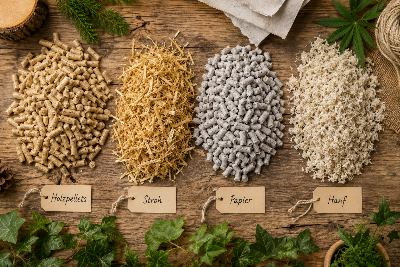 () detailed comparison flat-lay photograph showing four different eco cat litter products side by side on a rustic wooden