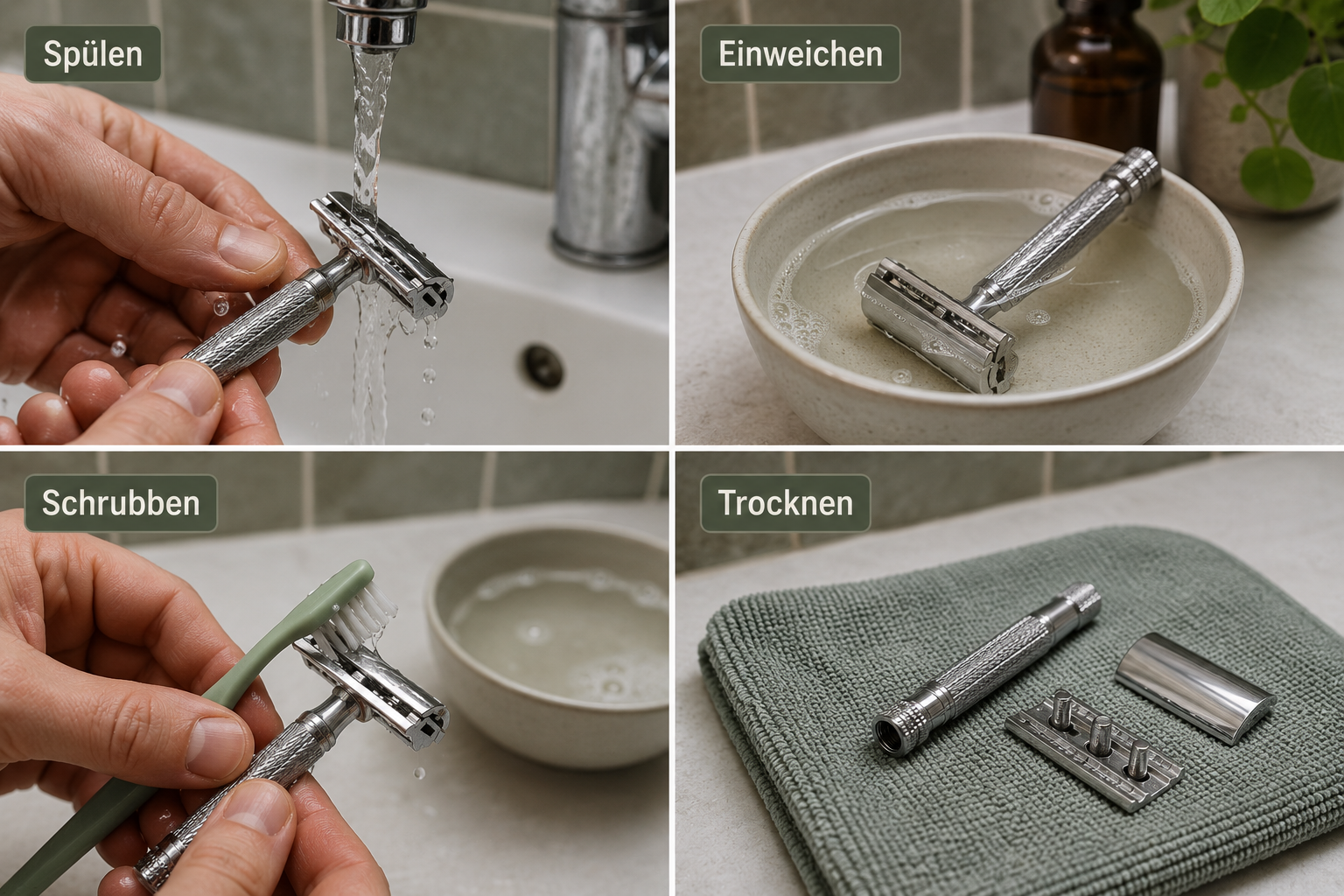 () editorial illustration showing a close-up step-by-step visual guide of cleaning a safety razor: hands rinsing a chrome
