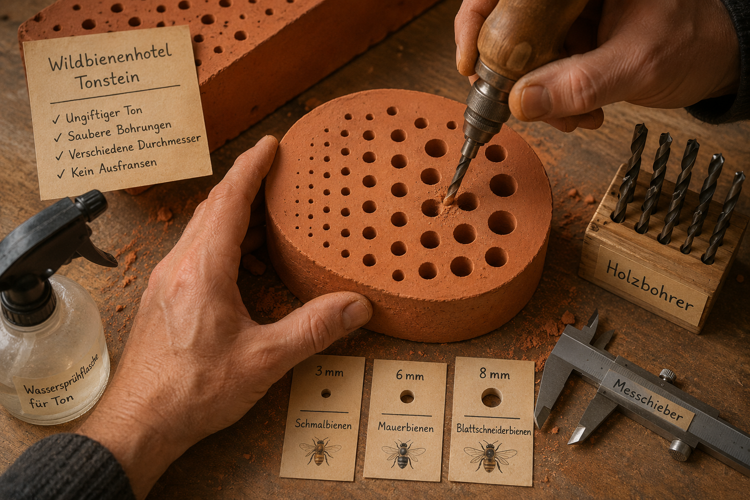 Wildbienen-Niststeine aus Ton selber brennen: Löcher splitterfrei bohren 1 Detailed () instructional scene showing a craftsperson's hands using a sharp drill bit on leather-hard clay to bore clean