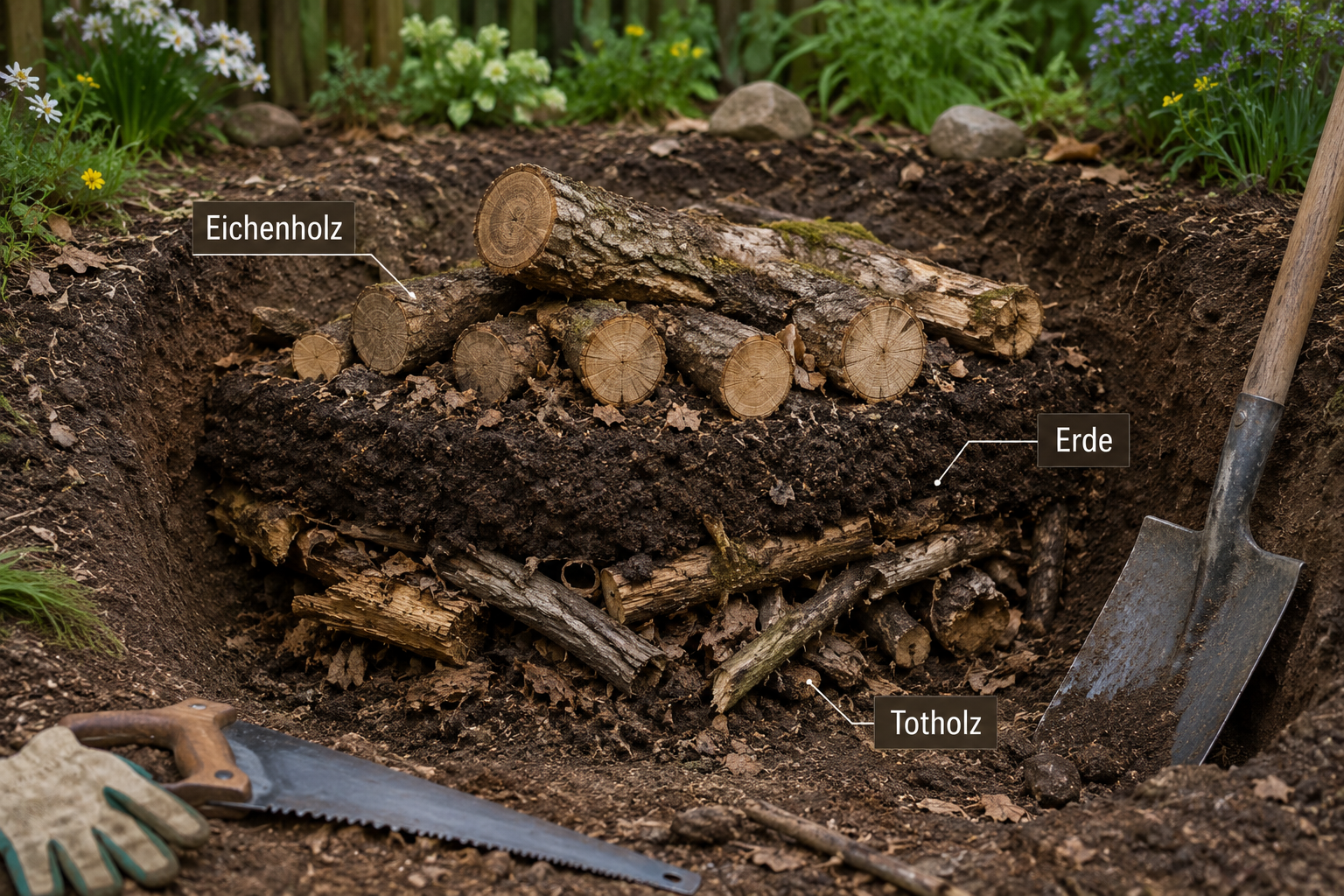 Käferkeller bauen: Unterschlupf für Hirschkäfer im Garten 1 Close-up documentary-style () image showing cross-section view of a Käferkeller being built in a garden: layers of