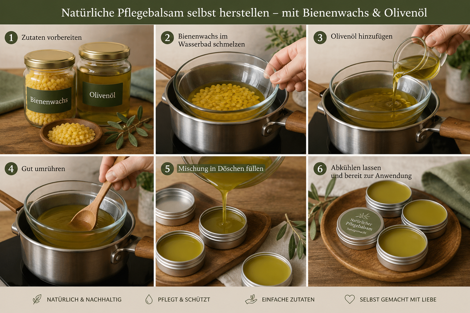 Biologisch abbaubare Schuhcreme aus Bienenwachs und Olivenöl selber machen 1 Detailed () step-by-step process image showing hands in a kitchen setting melting beeswax in a small glass bowl over a water