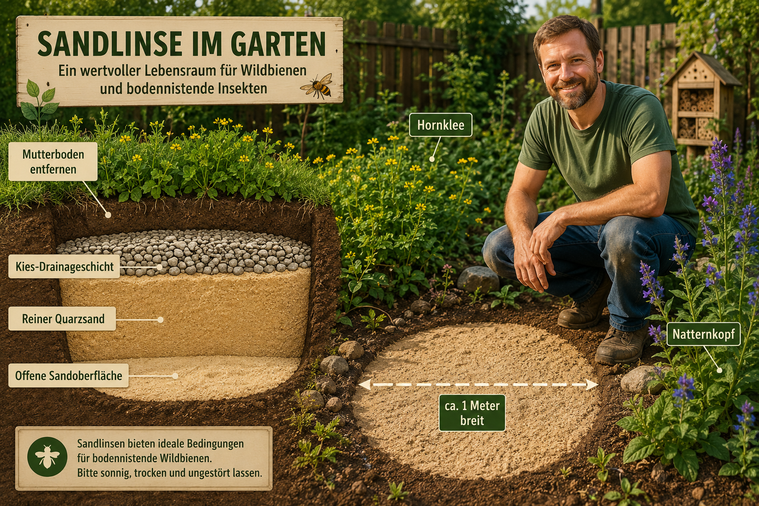 Detailed () instructional illustration showing a cross-section diagram of a Sandlinse im Garten with labeled layers in