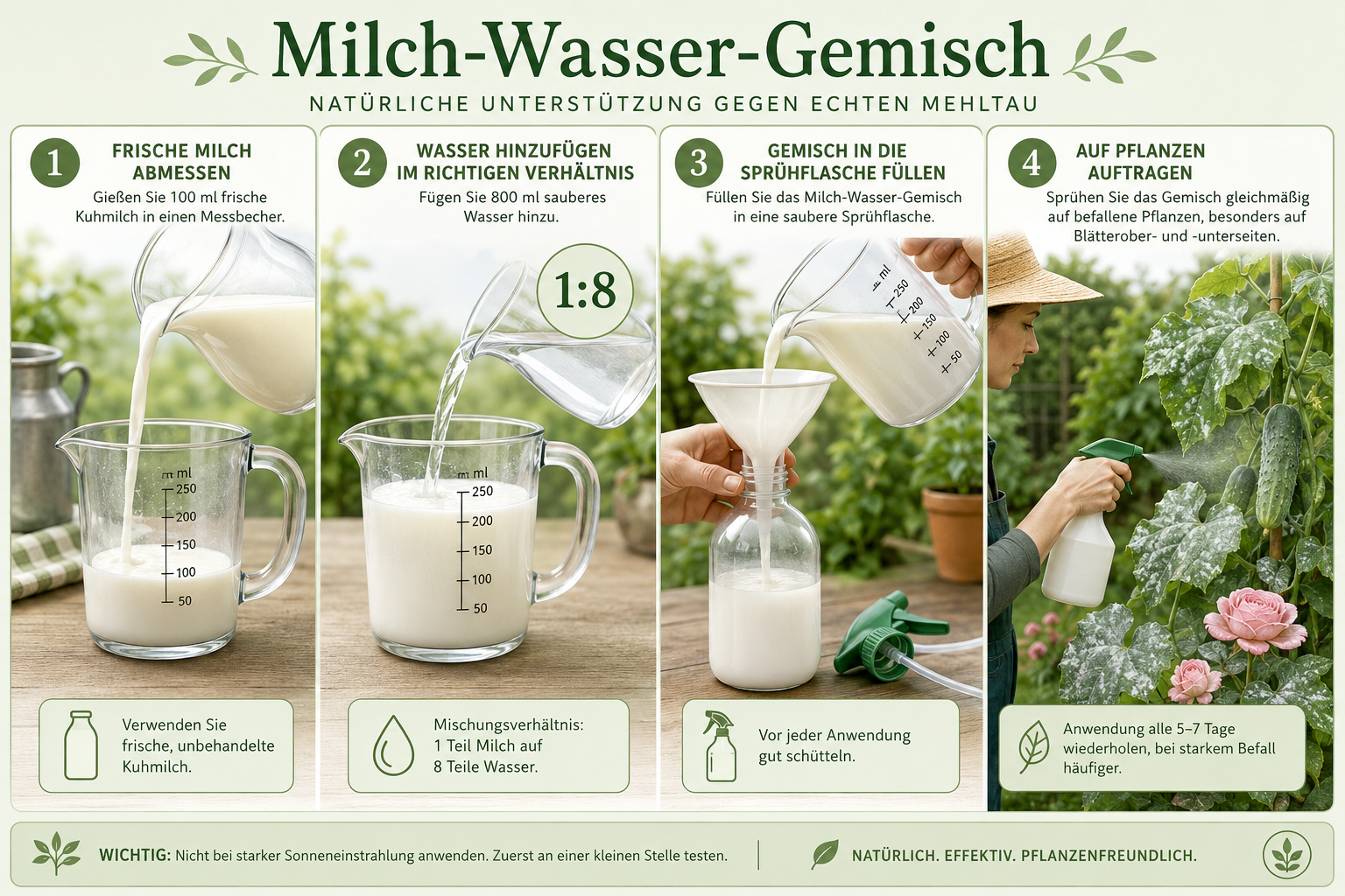 Echten Mehltau bekämpfen: Milch-Wasser-Gemisch als biologische Alternative 1 () detailed step-by-step visual infographic showing four numbered stages of preparing and applying Milch-Wasser-Gemisch: