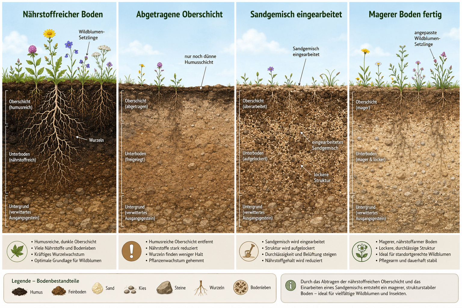 Wildblumenwiese anlegen: Nährstoffreichen Boden richtig abmagern 1 () detailed instructional illustration showing four side-by-side soil cross-section diagrams labeled in German: