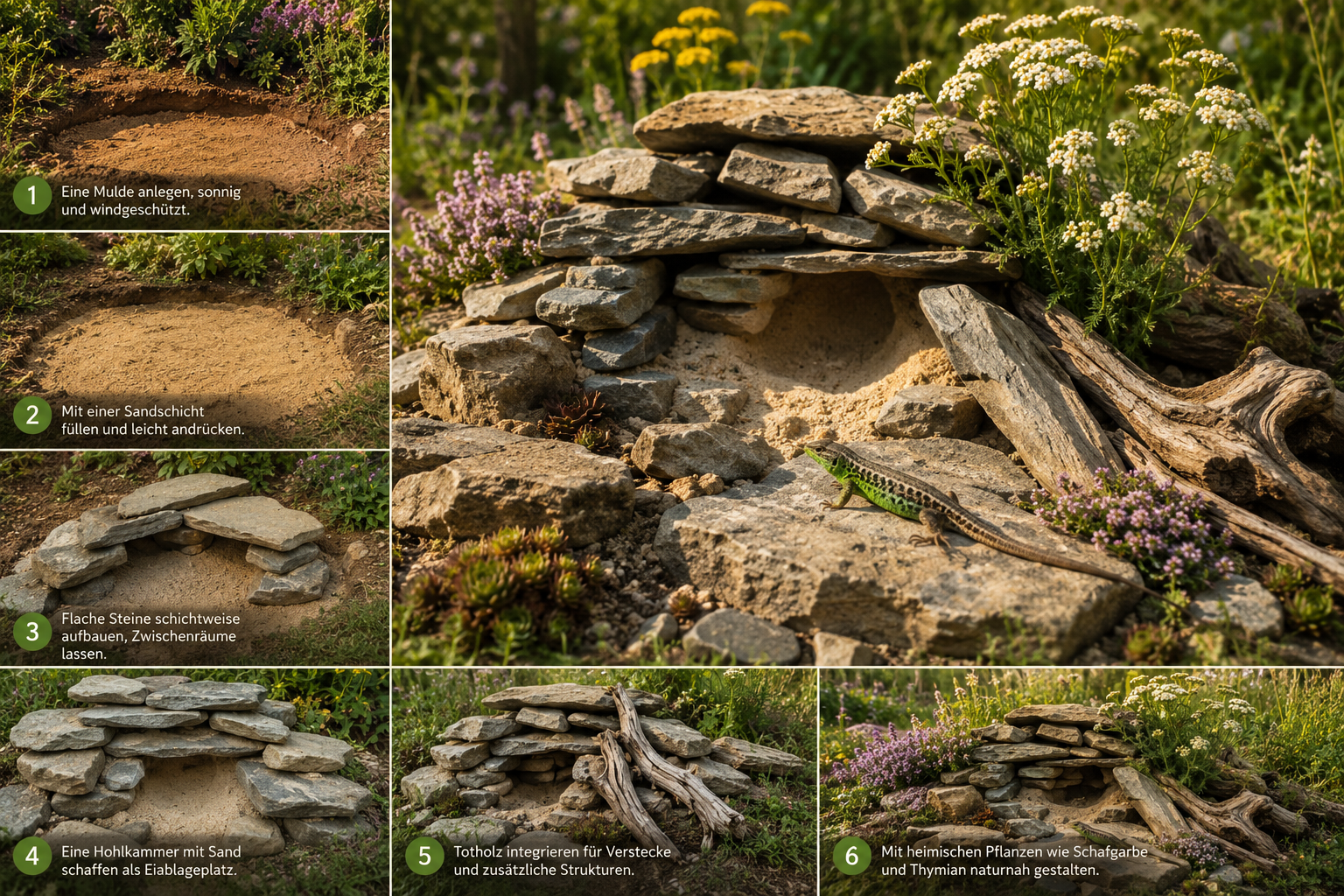 Detailed () instructional scene showing a step-by-step Eidechsenburg construction in a sunny garden: flat natural stones