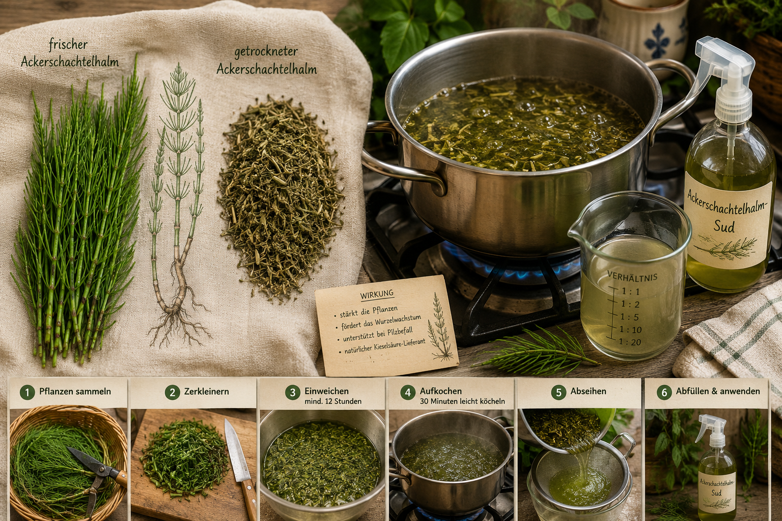 Natürlicher Pflanzenschutz: Ackerschachtelhalm-Sud gegen Pilzerkrankungen kochen 1 Detailed () step-by-step visual showing a garden kitchen scene: fresh and dried Ackerschachtelhalm side by side on a linen