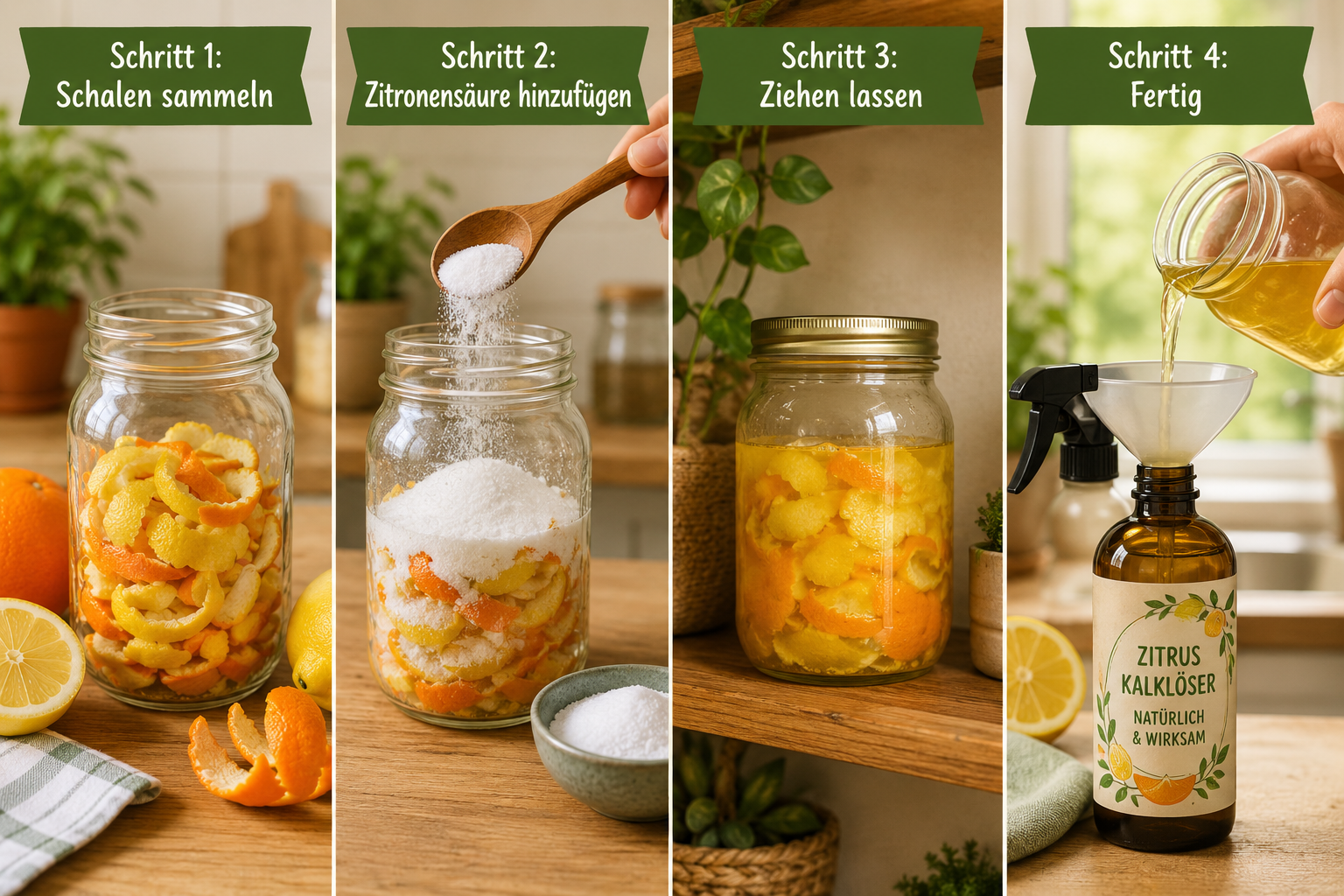 Nachhaltig Putzen: Kalklöser aus Zitronensäure und Schalen von Zitrusfrüchten ansetzen 1 () step-by-step visual showing four stages of making citrus peel limescale remover: 1) fresh lemon and orange peels in a