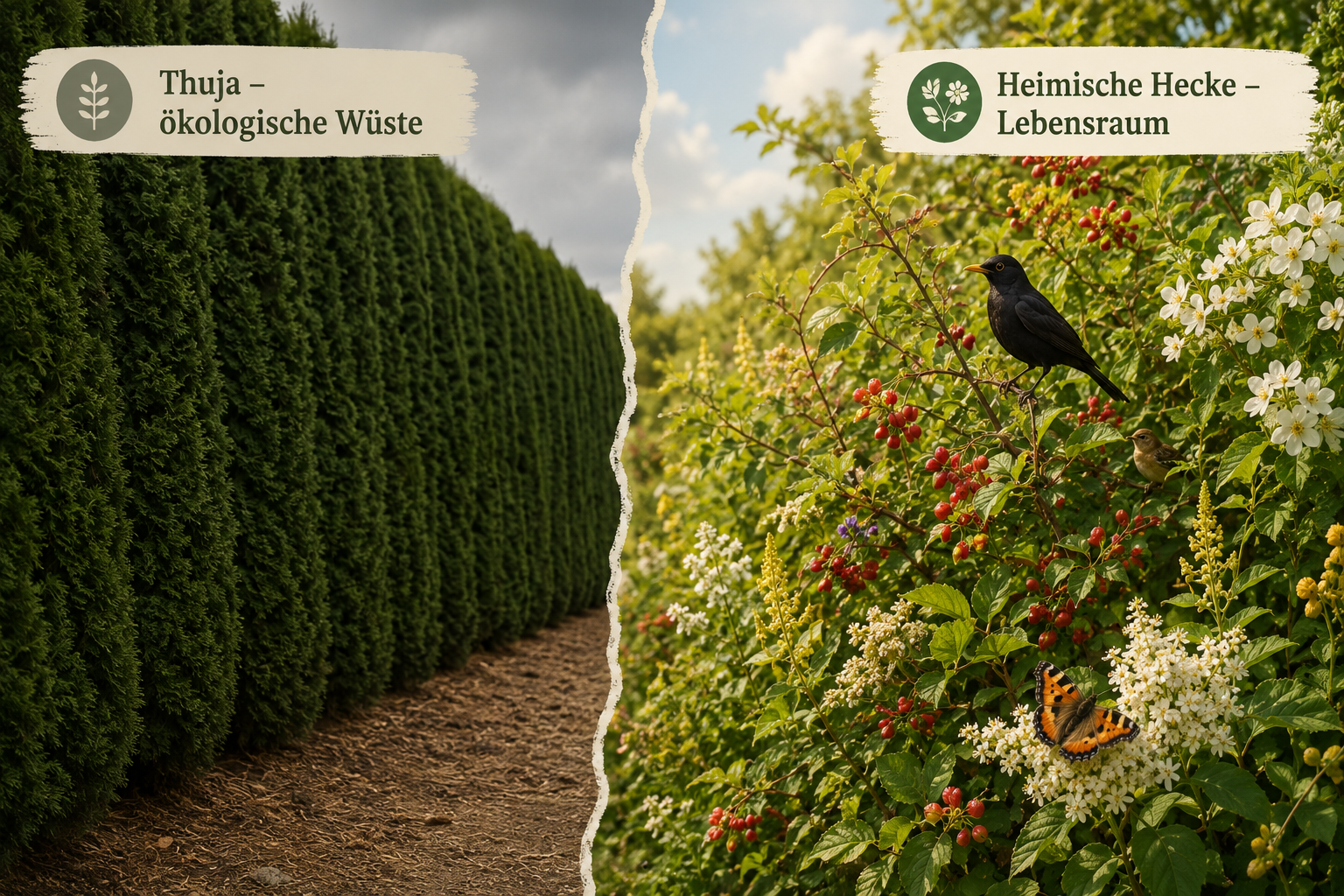 Heimische Sträucher statt Thuja: Ökologische Heckenpflanzen für Vögel und Insekten 1 () split-scene illustration comparing a sterile, dark-green Thuja hedge on the left (no wildlife, uniform, lifeless) with a