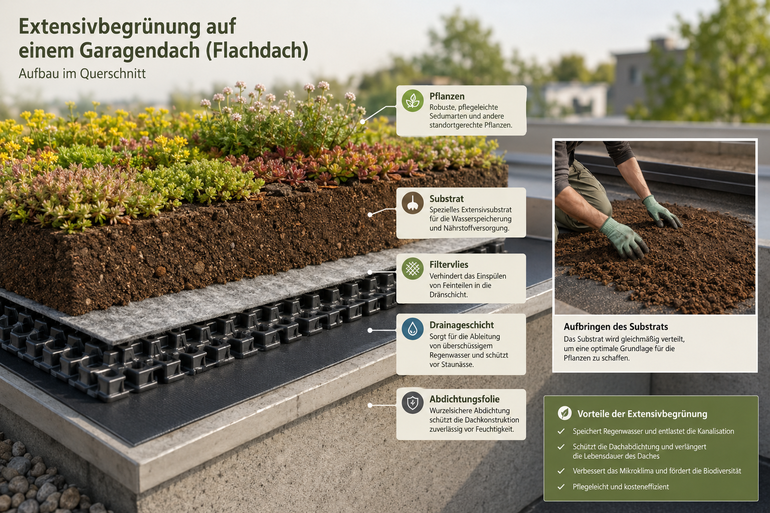 () detailed step-by-step illustration showing cross-section layers of an Extensivbegrünung on a flat garage roof: