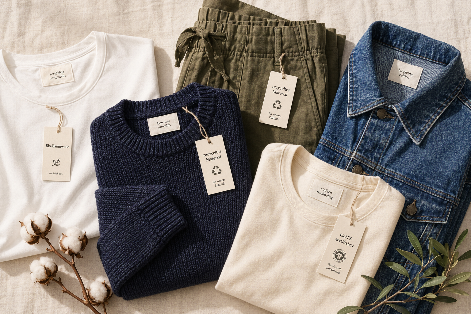() editorial illustration showing a flat-lay of sustainable clothing basics on a light linen background: organic cotton