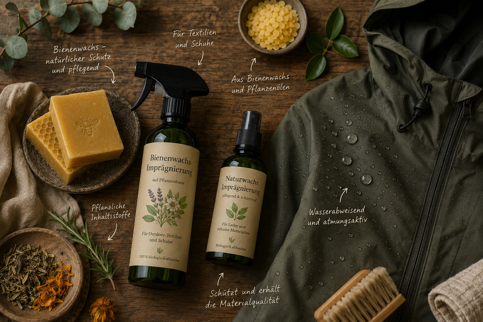 Kleidung imprägnieren ohne PFAS: Ökologische Alternativen für Outdoorkleidung 1 () editorial illustration showing a flat-lay comparison of eco-friendly impregnation products on a natural wooden surface: