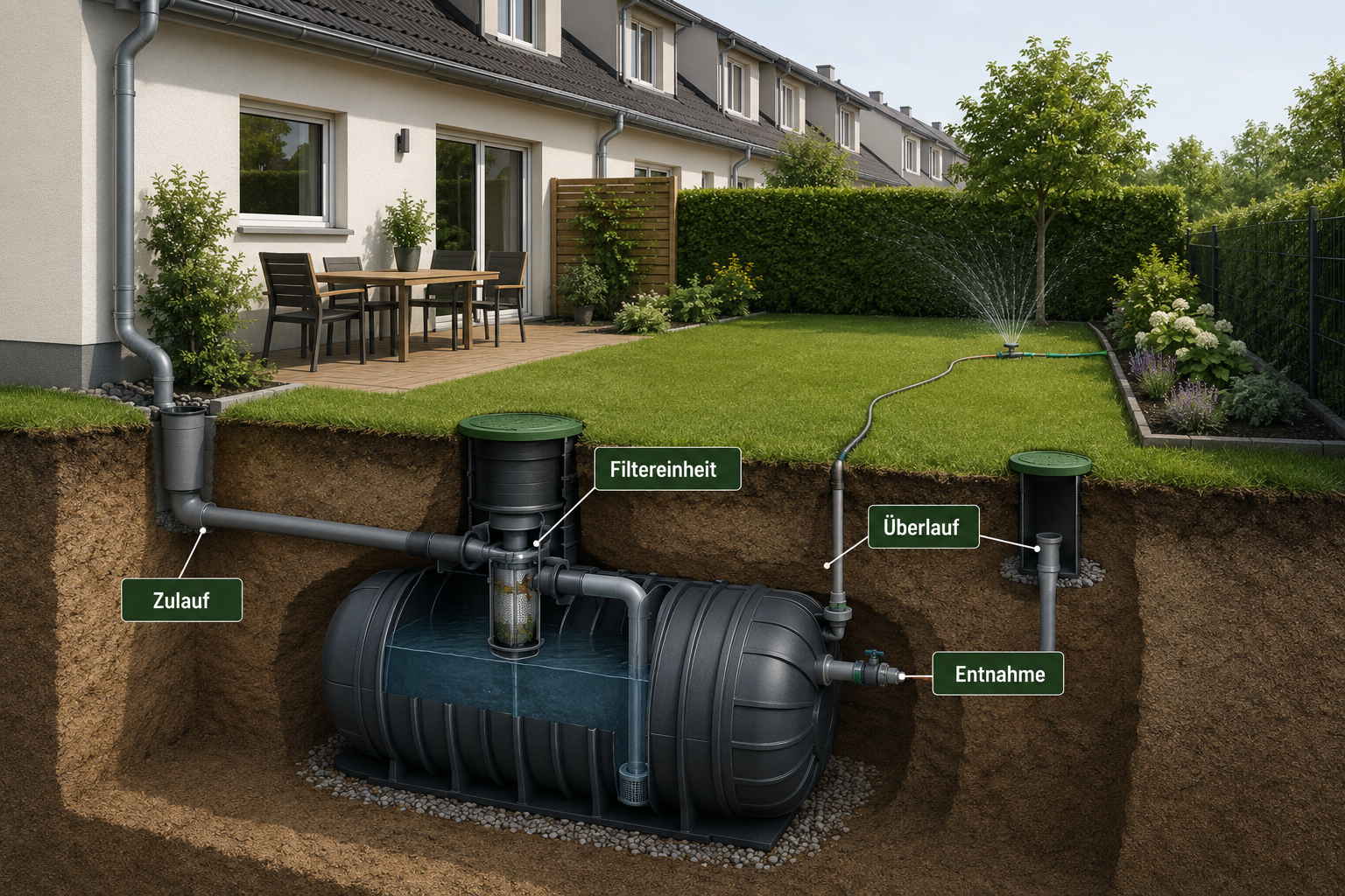 Detailed () technical illustration showing a cutaway diagram of a small Reihenhausgarten with an underground