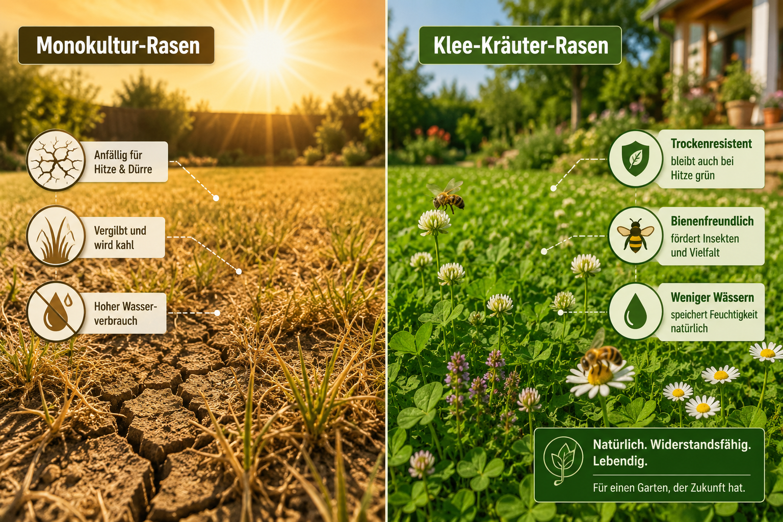 () split-scene comparison illustration showing two garden sections side by side: left side depicts a cracked, yellowed