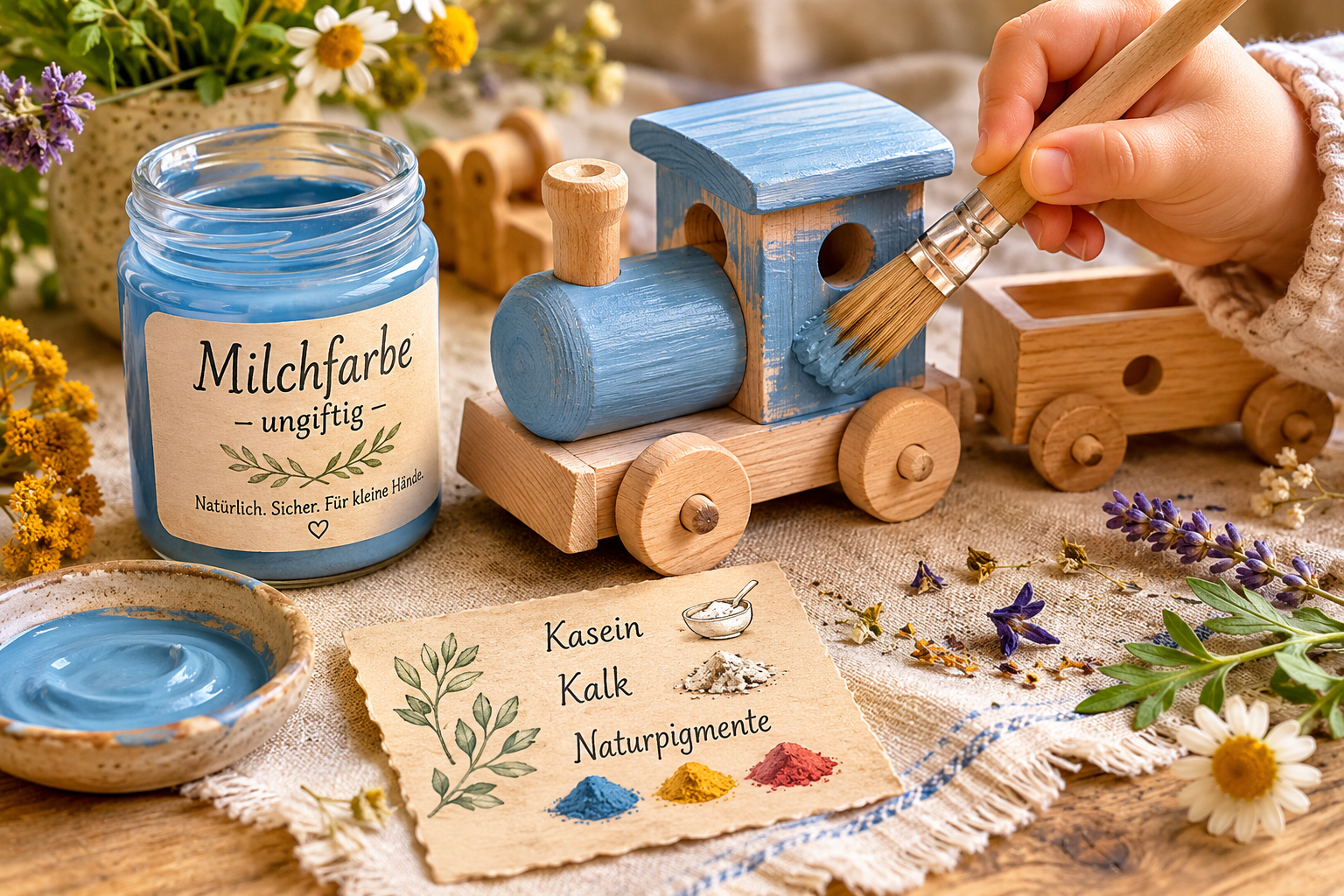 Holzspielzeug bemalen: Mit ungiftiger Milchfarbe plastikfrei gestalten 1 () editorial image showing a close-up flat-lay of a wooden toy being painted with milk paint. A small glass jar labeled