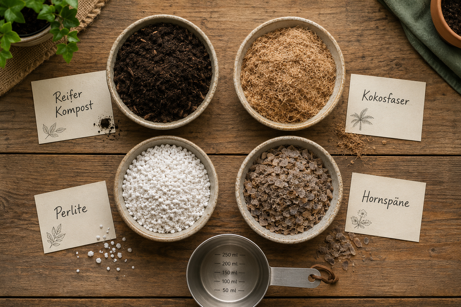 Torffreie Erde selbst mischen: Die perfekte Rezeptur aus Kompost und Kokosfaser 1 () detailed step-by-step visual showing four small bowls arranged on a wooden surface, each containing a different