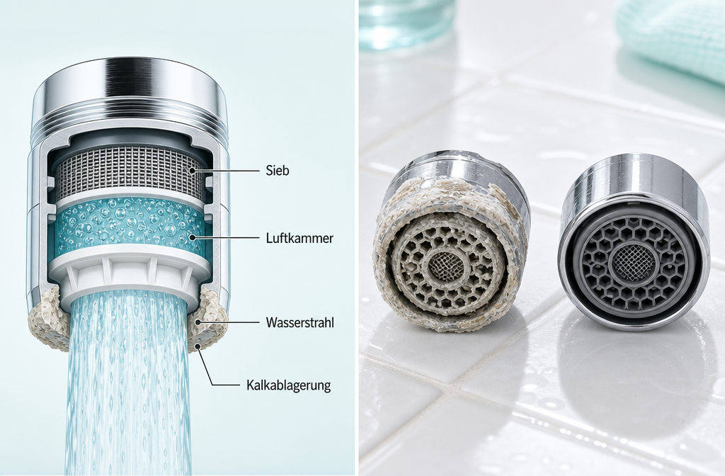 Wasser sparen im Alltag: Perlatoren und Sparduschköpfe richtig entkalken 1 () split-scene illustration showing on the left a cross-section diagram of a Perlator (Strahlregler) with German labels: