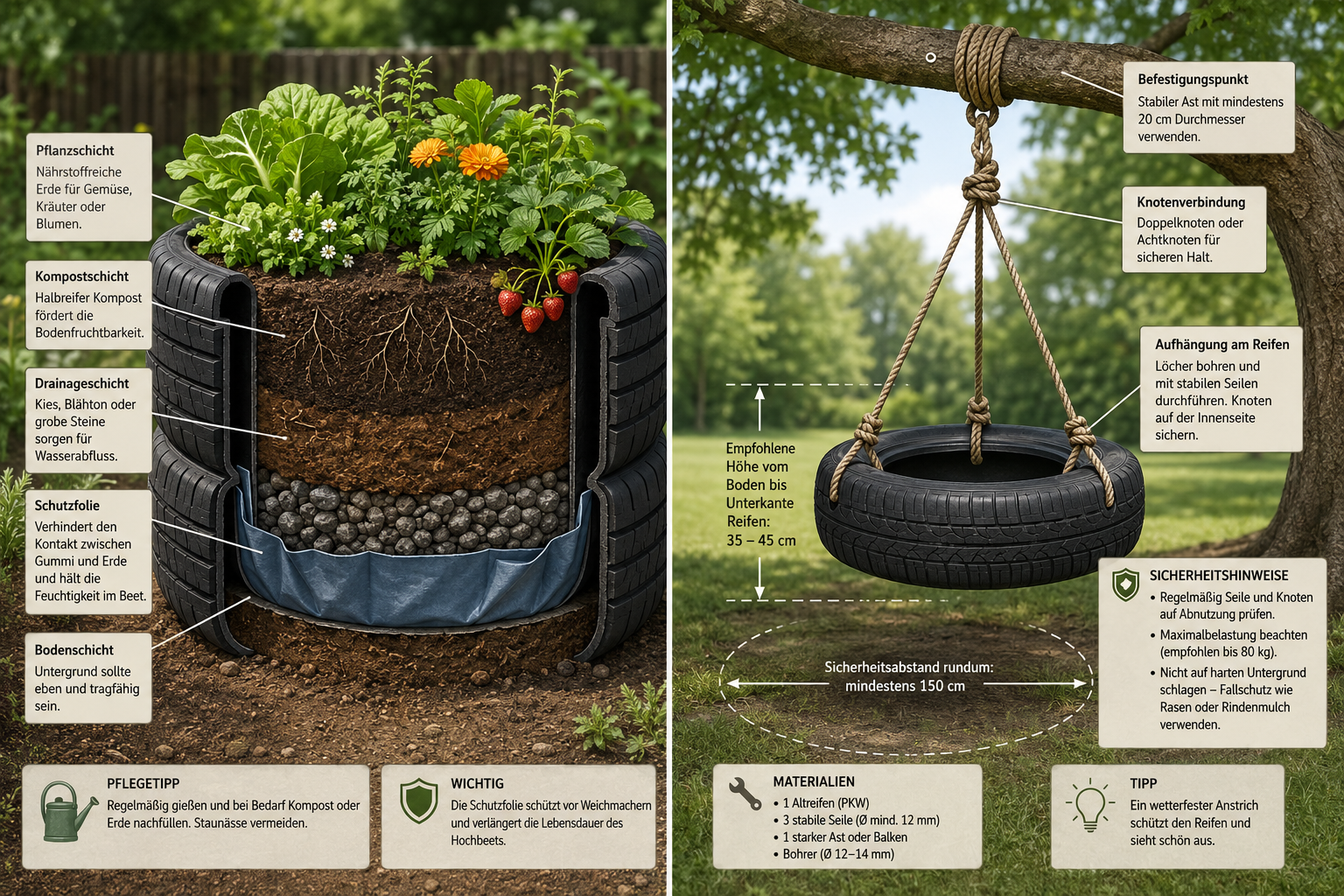 () detailed infographic-style illustration showing a cross-section comparison of an old car tire used as a raised garden bed