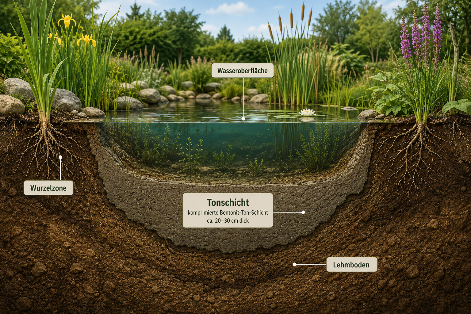 Detailed () cross-section illustration of a natural garden pond showing layered clay and loam sealing technique, cutaway