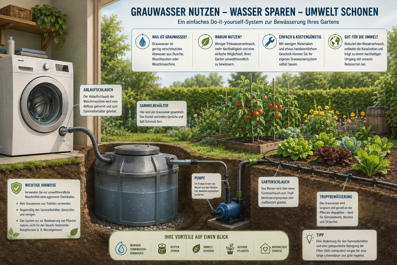 Grauwassernutzung im Haushalt: Waschmaschinenwasser für die Gartenbewässerung abfangen 1 Detailed () infographic-style illustration showing a cross-section diagram of a DIY Grauwassersystem: a washing machine on