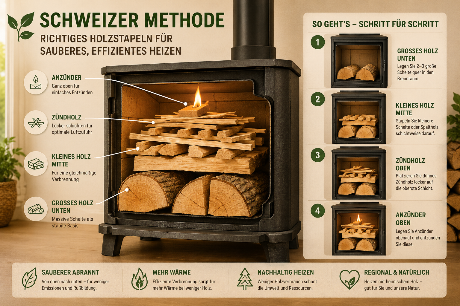 Nachhaltig Heizen: Den Kaminofen mit der "Schweizer Methode" rauchfrei anzünden 1 Detailed () instructional illustration showing step-by-step Schweizer Methode wood stacking inside a Kaminofen: large